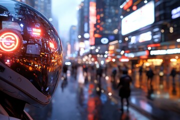 Fototapeta premium A sleek robot with a reflective surface stands out in a bustling city backdrop, encapsulating the modern relationship between technology and urban identity.