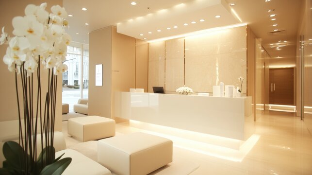Modern reception area with elegant decor and warm lighting in a contemporary building. Generative AI