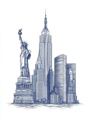 Naklejka premium USA skyline with national famous landmarks in trendy linear style. Worldwide traveling vector concept, touristic tour advertising with american historic architectural attractions on white background.