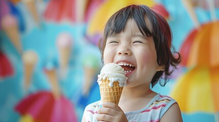 A young child with curly blonde hair is smiling and eating an ice cream cone.