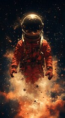 A solitary astronaut in red spacesuit floating through outer space