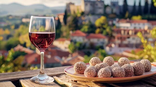 Wine glass and plate of chocolate truffles on a wooden table with a view of Polop de la Marina, Spain