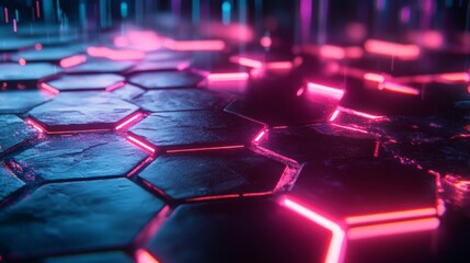 Fototapeta premium Illuminated hexagonal surface with neon red and blue light effects