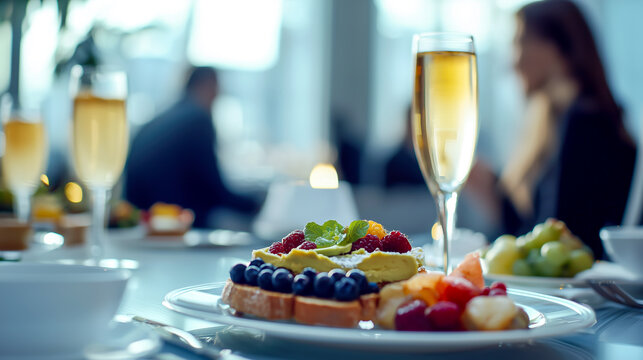 Elegant Brunch: Toast topped with fruits, champagne, and grapes. A sophisticated meal with friends. A healthy delicious experience.