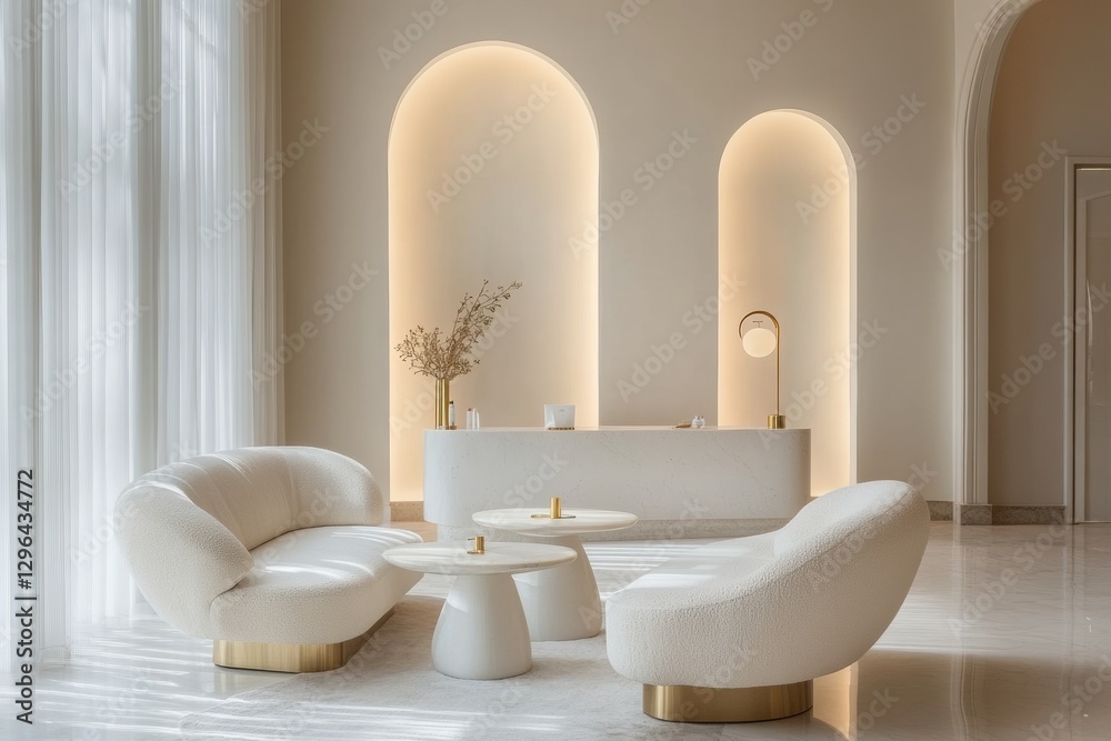 Poster minimalist interior design featuring elegant seating and ambient lighting in a modern lounge area. g