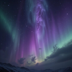 A dreamy purple aurora shining in the night sky.
