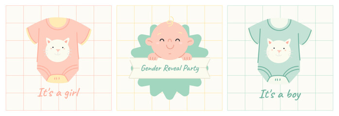 Cute Gender Reveal Party Invitation with Baby and Onesies