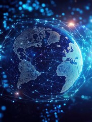 Obraz premium Blockchain technology futuristic hud background with world globe and blockchain polygon peer to peer network. Global cryptocurrency fintech business banner concept.