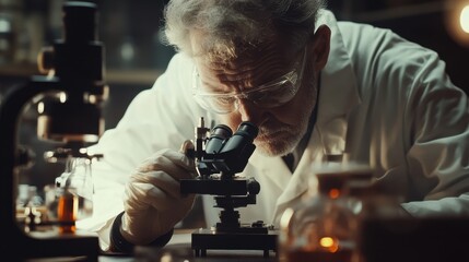 A scientist, clad in lab coat and safety glasses, hunches over microscopes, his brow furrowed in concentration as he peers through the lenses, his hands moving with practiced precision, a beacon of