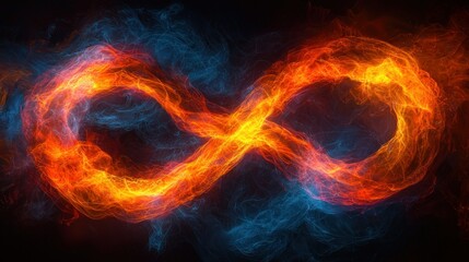 Infinity symbol formed by fire and smoke; abstract background
