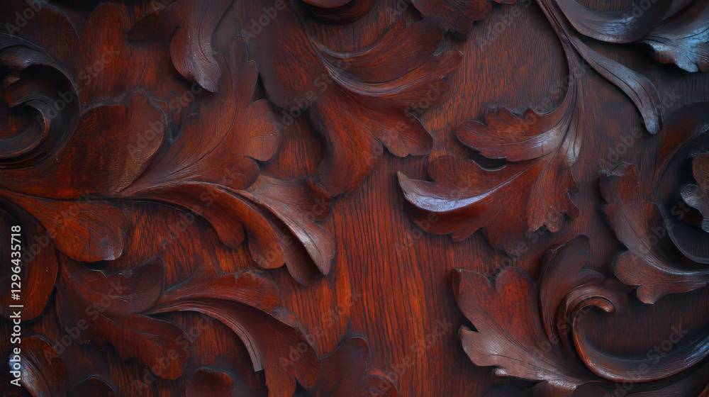 Aufkleber Intricate wooden texture with carved leaf patterns for rustic design