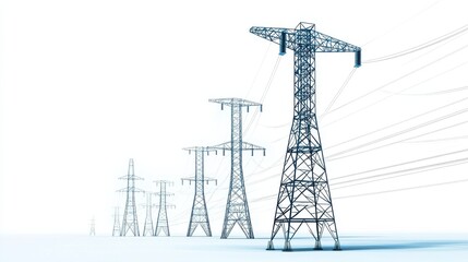 High voltage power line pylon towers for electric transmission infrastructure Electrical Engineering Electricity Supply Technology illustration white backdrop