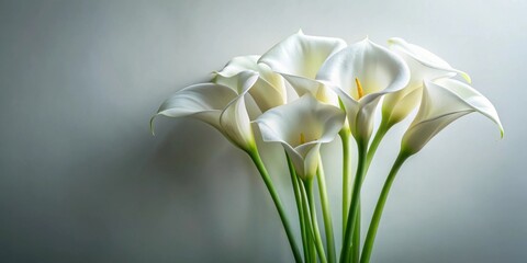 Fototapeta premium A bouquet of pristine white calla lilies, elegantly arranged against a muted background, showcasing their delicate beauty and simple elegance.