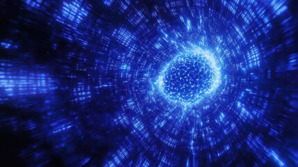 A sleek, crystalline form of a blue AI brain, its intricate network glowing with binary code, emanates a pulsating blue light against a futuristic, abstract background, hinting at the vast power of