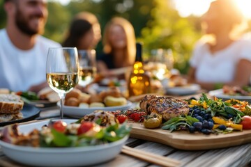 A vibrant outdoor gathering featuring friends enjoying a delightful meal together, with a beautiful sunset illuminating both the food and their shared happiness.