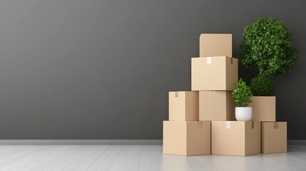 Stacked cardboard boxes and lush plants fill an empty room, indicating preparation for moving into a new environment