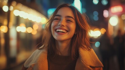 Obraz premium A happy young woman smiles brightly on a night street