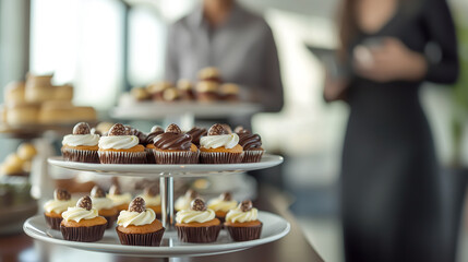 Elegant cupcake display featuring vanilla and chocolate frosted cupcakes, topped with a hazelnut chocolate piece, at a catered event.