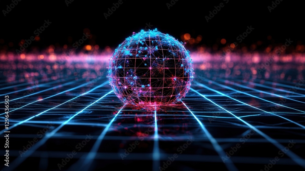 Poster sphere with intersecting lines and dots representing a global network and data connections