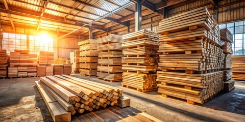 Sunlit Warehouse Stacked with Lumber and Timber for Construction Projects