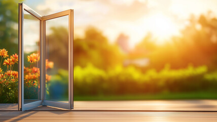 Modern aluminum bi fold door with glass, opening to sunny garden view. warm sunlight enhances vibrant flowers, creating serene and inviting atmosphere