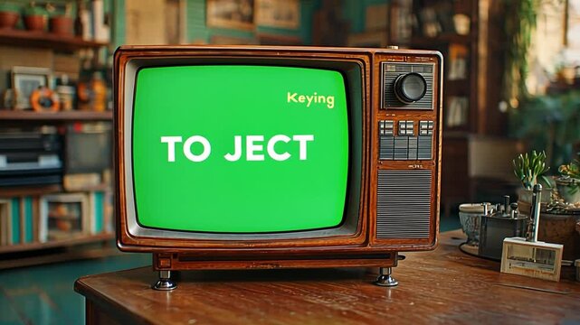 Vintage Television: A nostalgic vintage television with wooden frame sits on a wooden table, its screen displaying the word "TO JECT" with "Keying" above it.