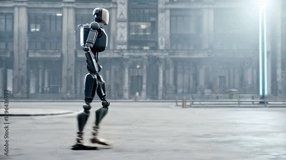 Poster A solitary robot walks through a deserted urban area, surrounded by tall buildings and illuminated by glowing vertical lights. The atmosphere evokes a sense of loneliness and futurism.