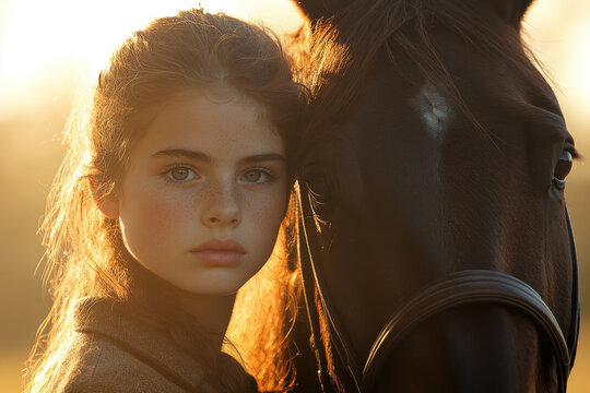 Portrait of a young woman with a horse