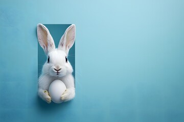 Obraz premium White rabbit holding an Easter egg against a blue background. Generative AI