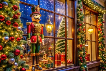 Fototapeta premium Festive Night Window Display: Nutcracker Christmas Scene