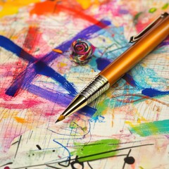 Vibrant art tools on a colorful abstract canvas