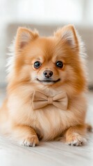 Obraz premium Pet influence social media entertainment advertising. A cute Pomeranian dog with a fluffy coat and a bow tie, posing adorably in a bright indoor setting.
