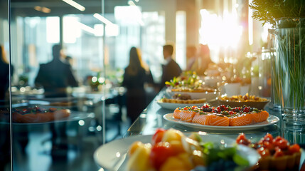 A vibrant spread of catered food in a brightly lit office space, perfect for a corporate event or lunch meeting.