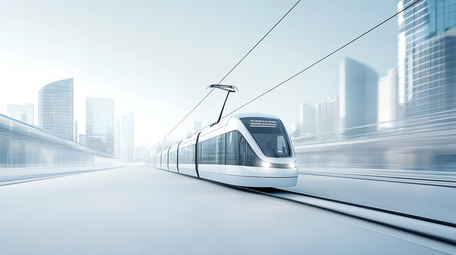 A high-tech illustration of a light rail train shuttling between high-rise buildings in the city