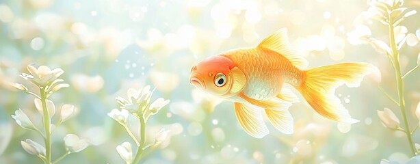Fototapeta premium Pet influence social media entertainment advertising. A vibrant goldfish swims gracefully among soft, ethereal flowers in a tranquil underwater scene, creating a serene and dreamlike atmosphere.