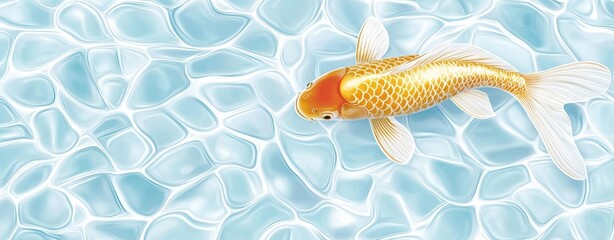 Pet influence social media entertainment advertising. A golden koi fish glides gracefully over a light blue water surface, surrounded by shimmering ripples and reflections.