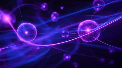 Obraz premium A thin, dark blue line, dotted with empty, violet spheres, represents the atomic model, revealing the nucleus, orbiting electrons, and the vast energy held within. This visual aids in understanding