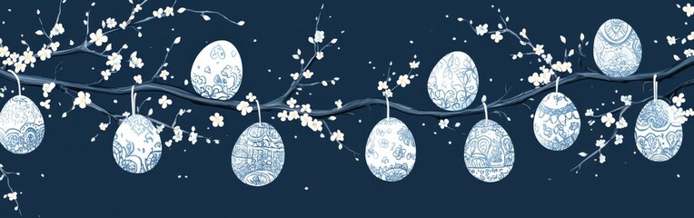 Decorative hanging Easter eggs with hand-drawn patterns and flowers, celebrating Easter traditions