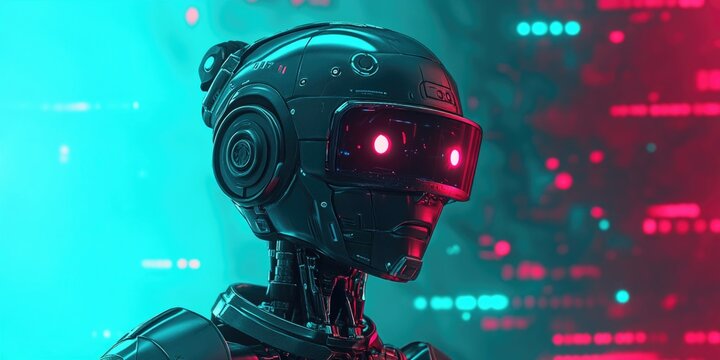 A robot with a red face and black body. The robot is wearing a pair of headphones. The robot is standing in front of a blue background