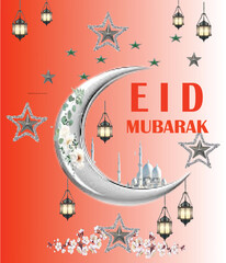 EID MUBARAK with mosque, laltern , stars and moon