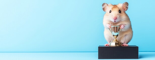 Pet influence social media entertainment advertising. A cute hamster proudly holds a trophy while sitting on a pedestal against a bright blue background.