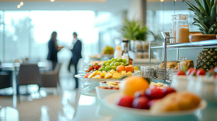 Buffet spread with fresh fruit at a bright event space, two people in background.