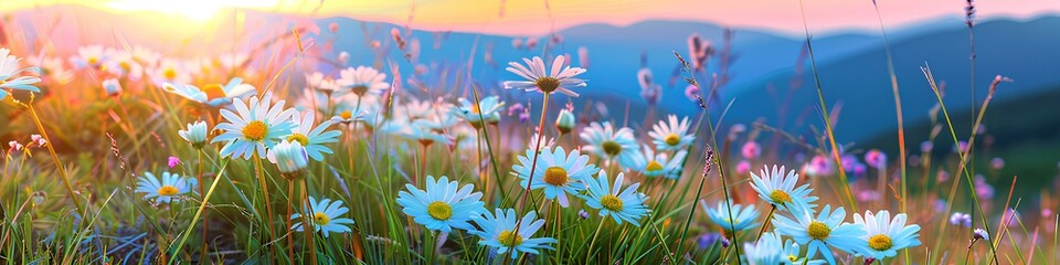 Panoramic view of a beautiful meadow with wildflowers in the mountains at sunset. Summer landscape with white daisies and grass, in the style of a banner format