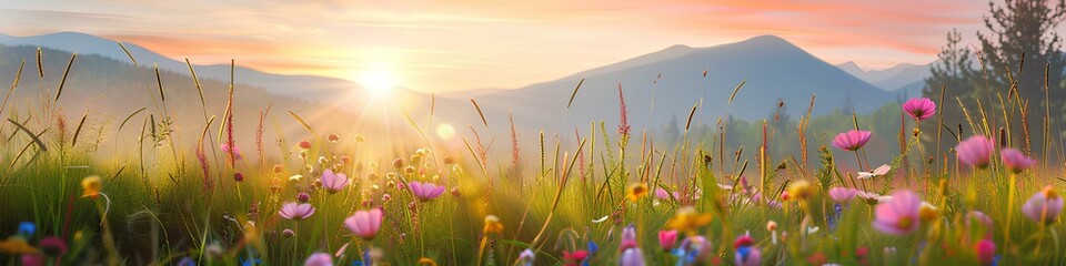 Panoramic view of a beautiful meadow with wildflowers in the mountains at sunset. Summer landscape with white daisies and grass, in the style of a banner format
