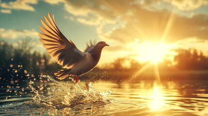 Fototapeta premium Bird taking flight from water at sunrise, wings spread wide, creating a splash in golden light, embodying freedom and new beginnings.