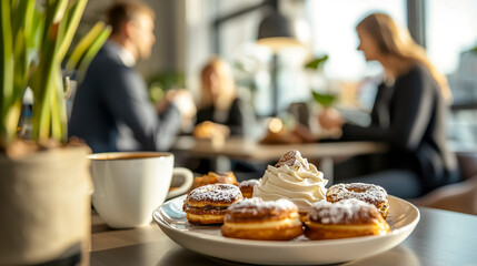 Enjoying coffee and pastries in a bright cafe setting with blurred figures in the background, creating a cozy and inviting atmosphere.