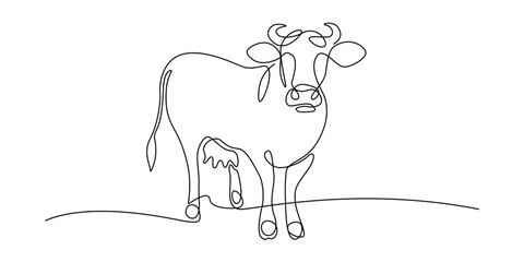 Cows on pasture in One continuous line drawing. Milk calf animal grazing symbol and beef meat farm concept in simple linear style. Editable stroke. Doodle vector illustration