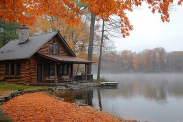 Obraz premium Autumn Cabin on Misty Lake