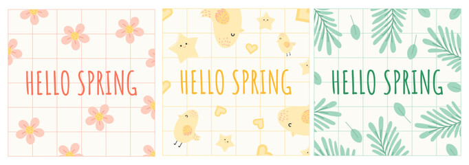 Obraz premium Hello Spring Illustration with Flowers, Chicks, and Leaves