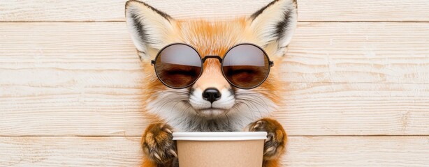 Pet influence social media entertainment advertising. A stylish fox wearing sunglasses holds a cup, exuding a playful and trendy vibe against a wooden backdrop.